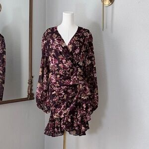 Express Floral Print Faux Wrap Ruffle Mini Dress L Burgundy V-Neck